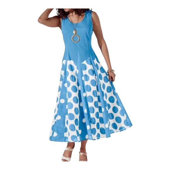 Retro Summer Maxi Dress Studio EY All the Dots Flowy Sundress Blue size L Large - Picture 2 of 11